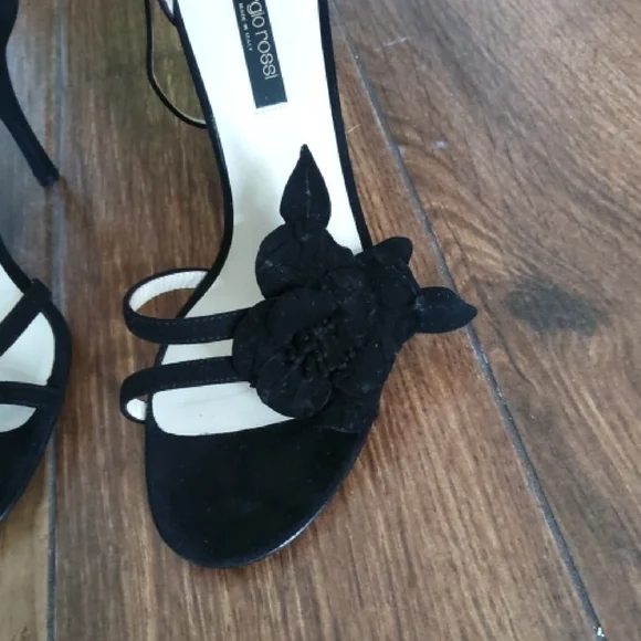 SERGIO ROSSI Black Suede Heels w/Movable Flowers & Leaves - Picture 2 of 6